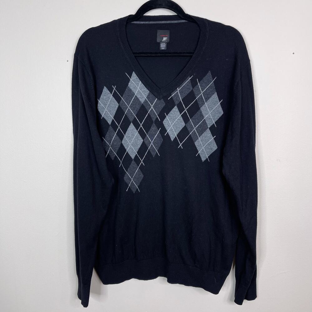 J Ferrar Mens XLarge Black Gray Argyle V Neck Sweater Cotton Modal Long Sleeve